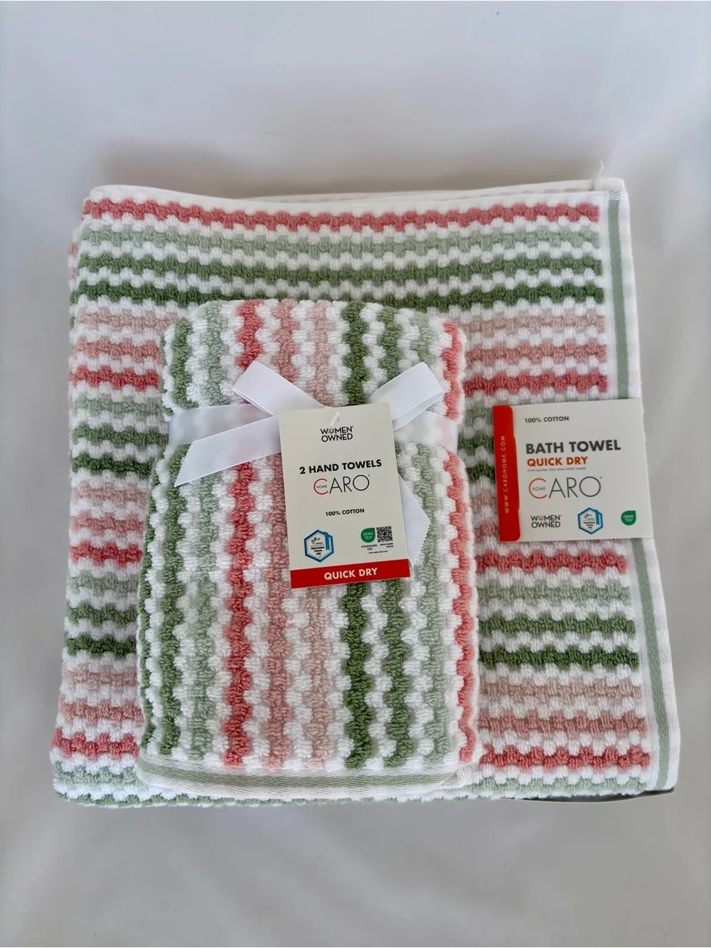 NWT 4Pc Caro Retro Boho Bath & Hand Towel Set Sage Green Blush Pink Quick Dry